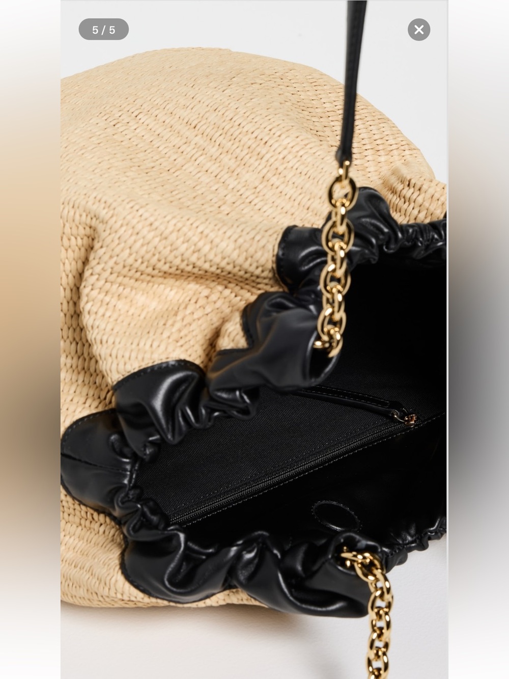 DeMellier Beige Straw Tote with Black Leather Trim and Gold Chain Handles - Picture 4 of 7